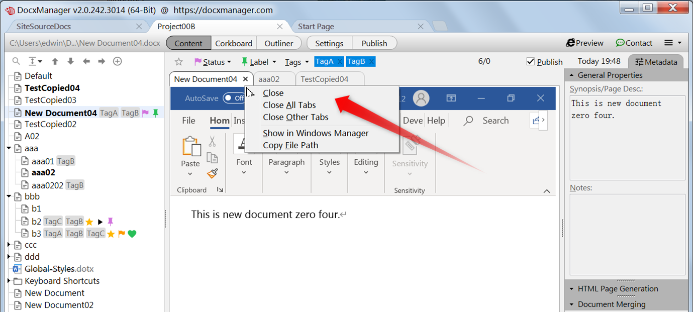 Document tabs for Word - open multiple documents in a project while open multiple projects in the same time.