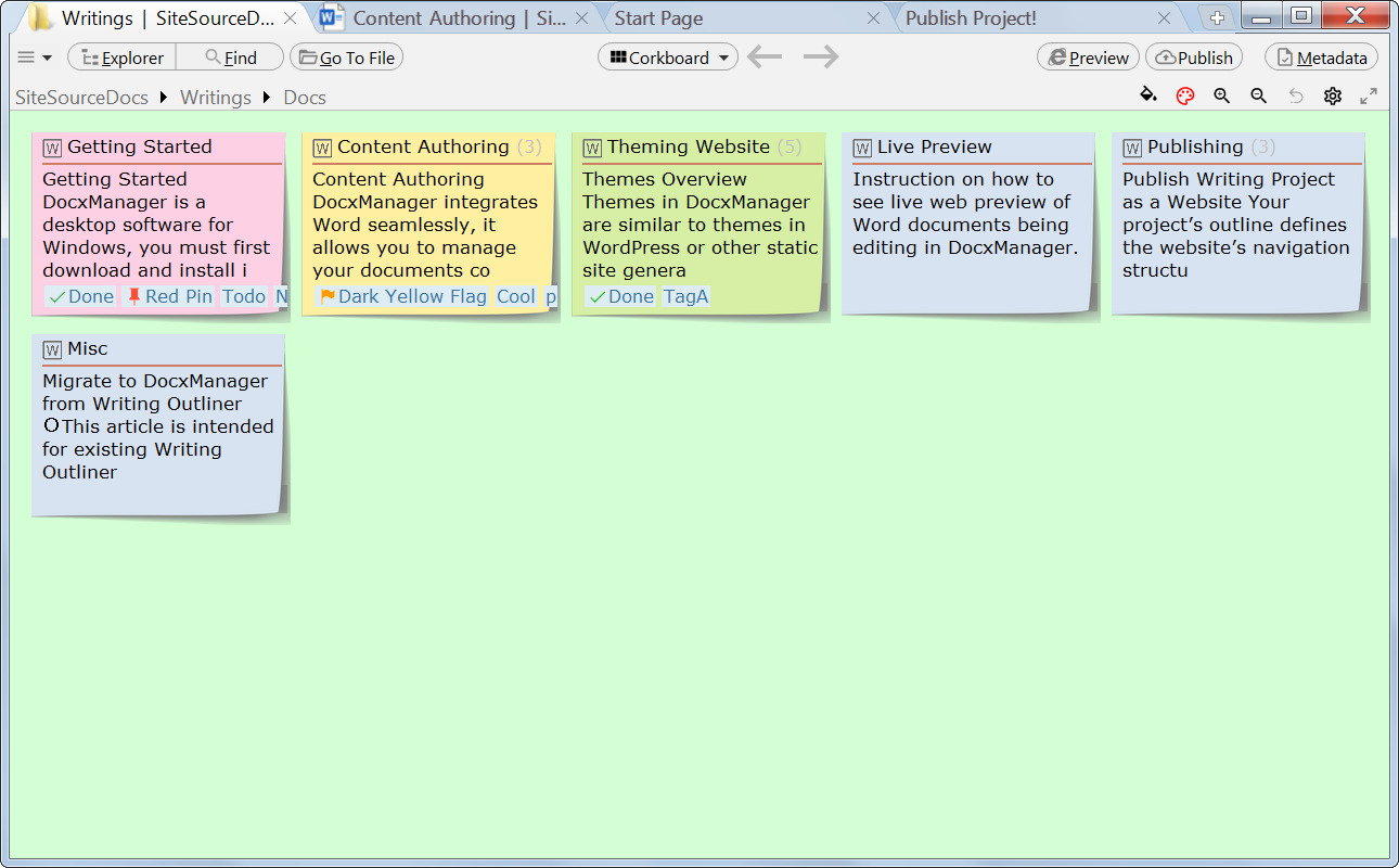 Orgnaize/Plot documents of a writing project with index cards on a corkboard