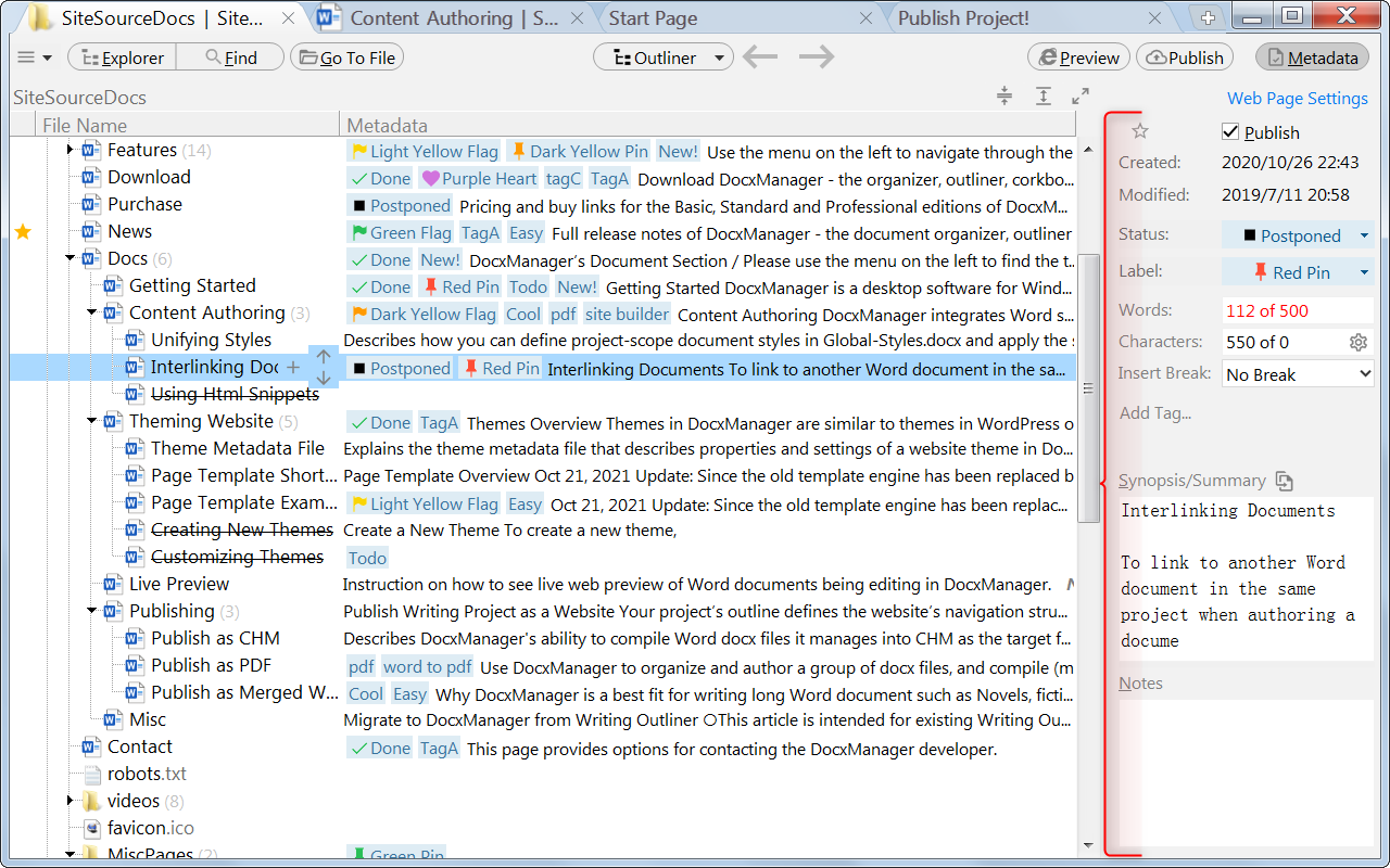 Manage Word documents with document tags, notes, stars, synopsis, and so on