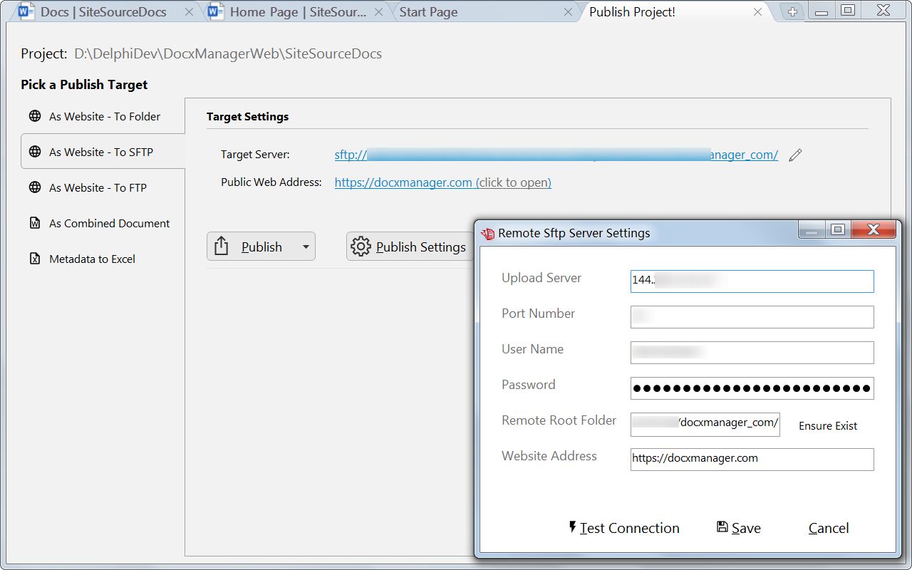 Publish the
websites generated from Word to remote SFTP (SSH, Secure FTP) server