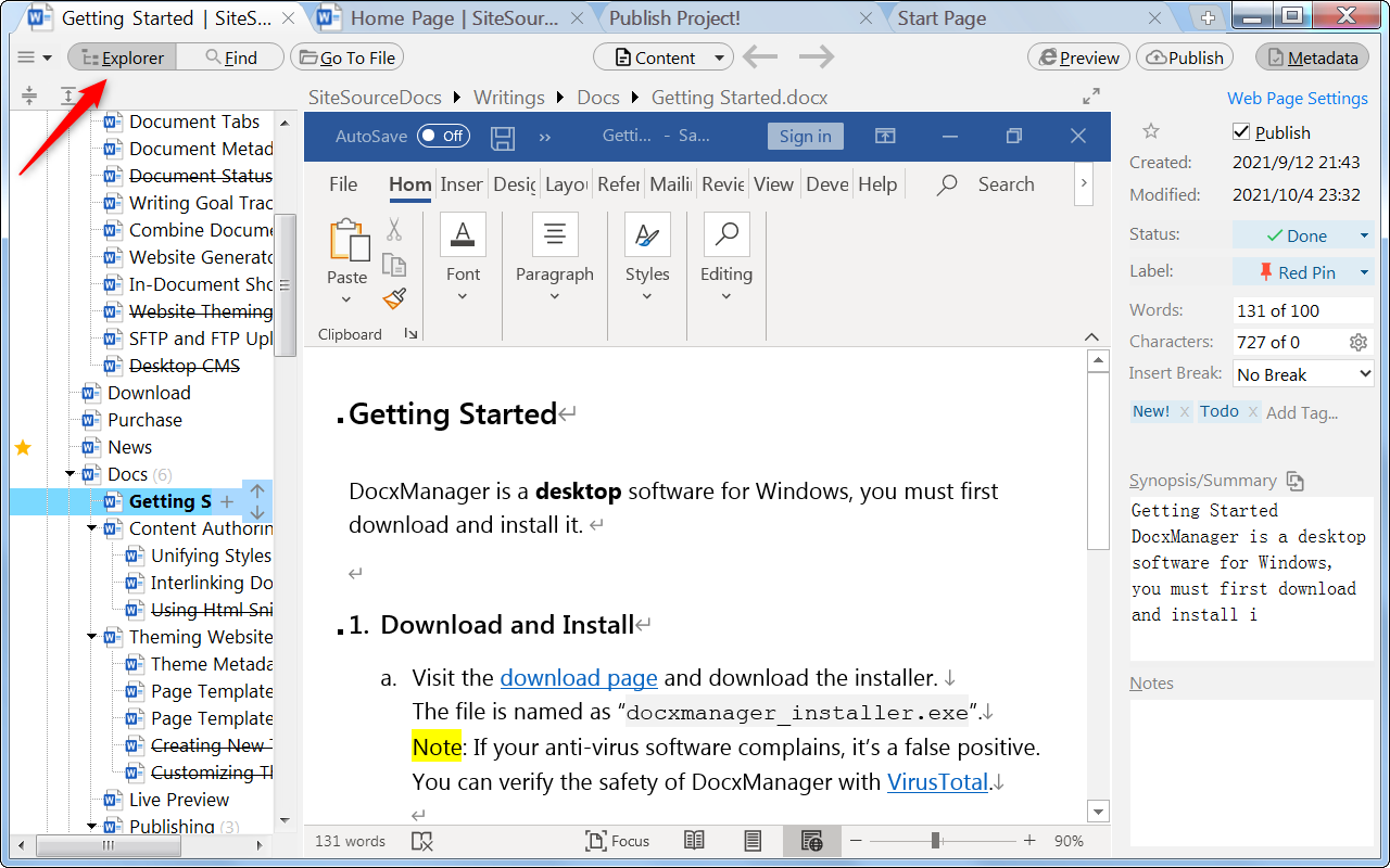 Main window with the main outliner and Word document editor
